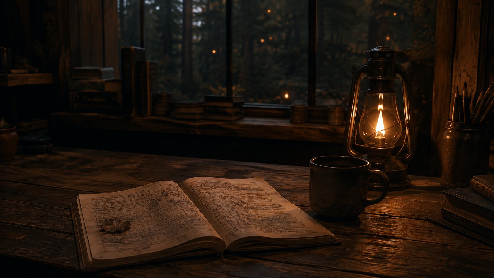 Notebook and lantern in the studio